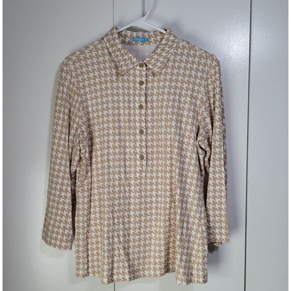 J. McLaughlin Tops - J McLaughlin Womens LG White Khaki Houndstooth Court Polo 3/4 Sleeve